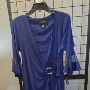 NWT R&M Richards Dress Size 8 Indigo Blue Rhinestone Faux Wrap Mesh Bell Sleeve